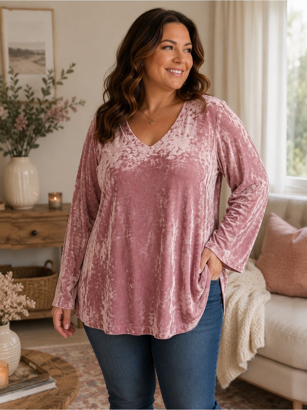 J.Jill XL Petite Pink Crushed Velvet V-Neck Tunic Top Soft Stretch Long Sleeve